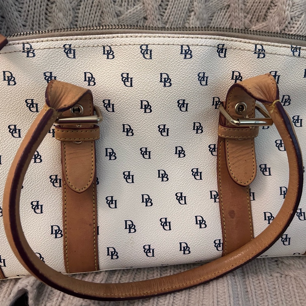 Dooney & Bourke White Canvas Monogram Tote with Brown Leather Trim - Picture 2 of 6